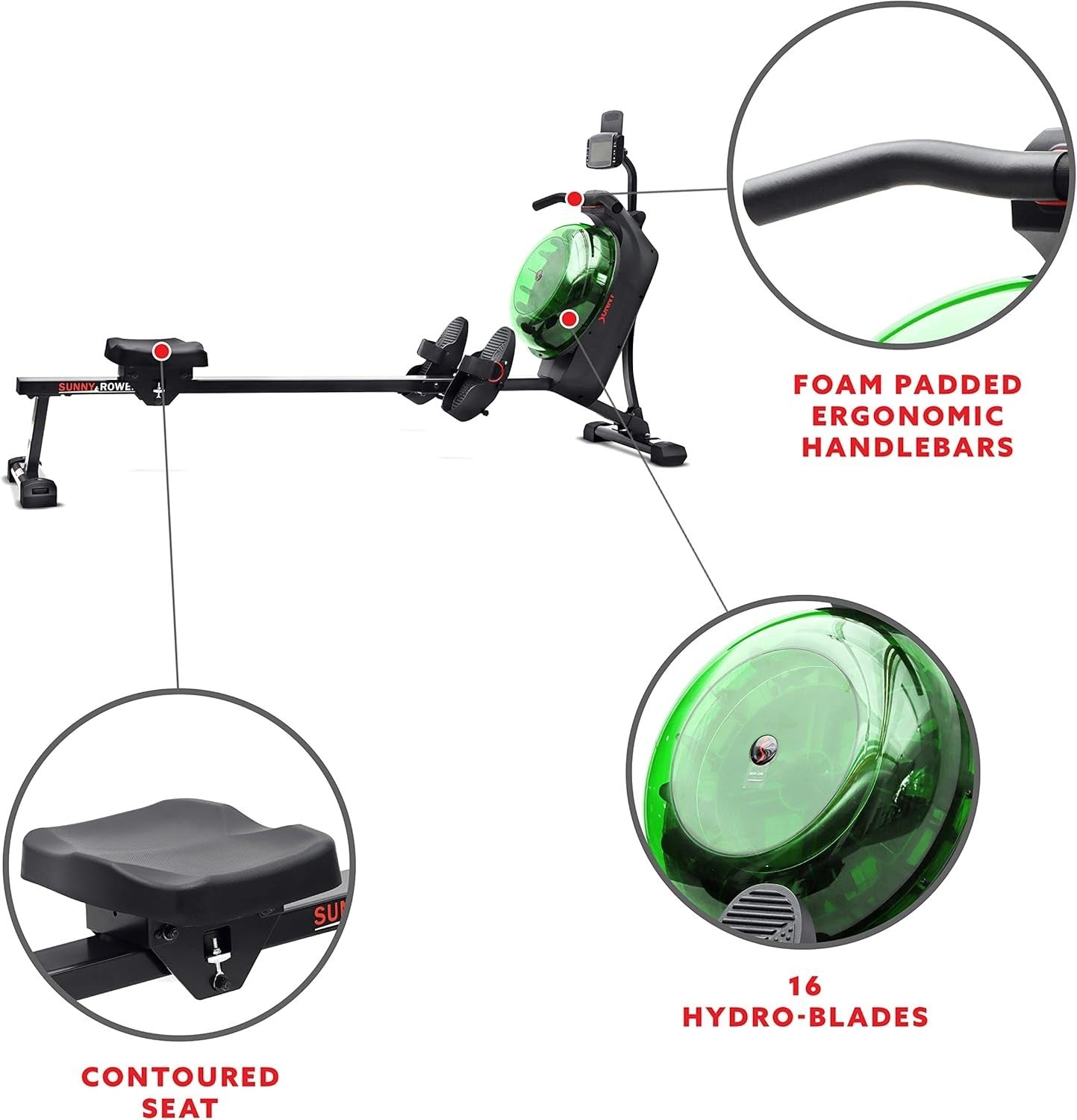 Dual Magnetic Water Rowing Machine Smart LCD App Long Rail Green Rower 120KG