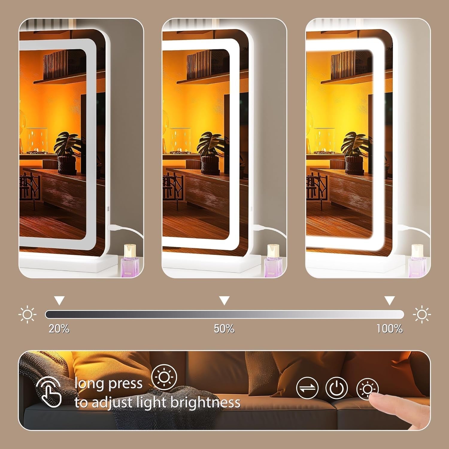 LED Vanity Mirror 80x50cm Touch Control Dimmable Makeup Mirror with Lights