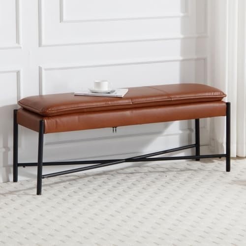 Brown PU Leather Upholstered Ottoman Bench Metal Frame Entryway Seat 115x37x48cm