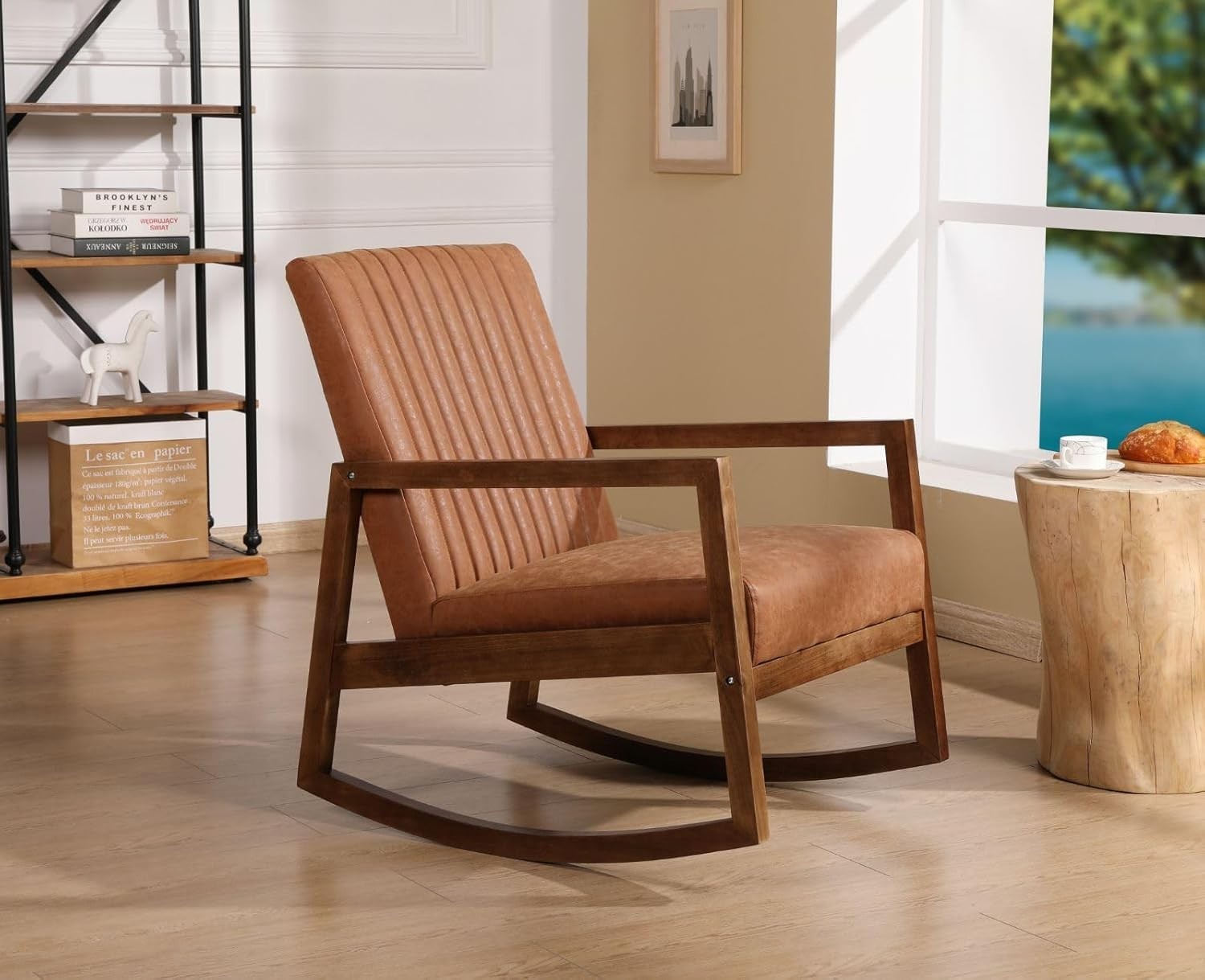 Retro PU Leather Rocking Chair Walnut Wood Frame Comfortable Reading Seat