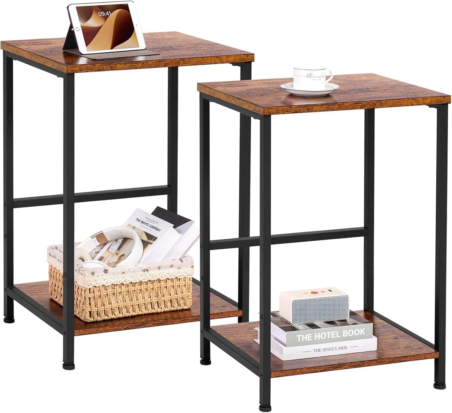 Set of 2 Rustic Brown Side Tables with Storage Shelf Small Industrial Bed Sofa T