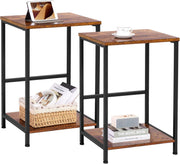 Set of 2 Rustic Brown Side Tables with Storage Shelf Small Industrial Bed Sofa T