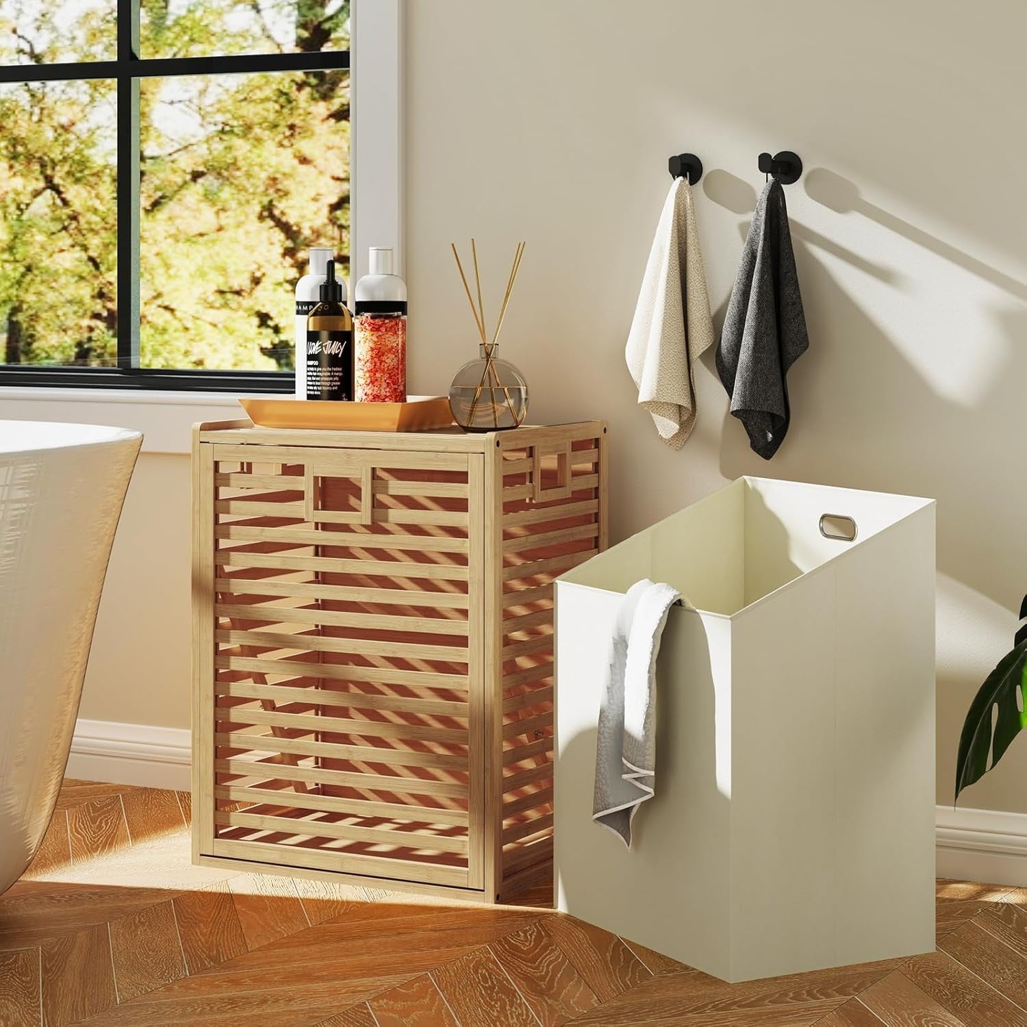 Bamboo Laundry Basket Cabinet Tilt Out Hamper with Liner Bag Natural