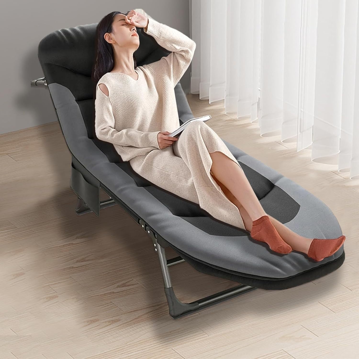 2x Folding Recliner Sun Loungers Camping Bed Chair with Pillow & Mattress