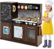 Kids Wooden Play Kitchen Blackboard Ice Maker Microwave Coffee Toy