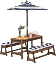 Kids Wooden Picnic Table Bench Set w/ Cushions & Foldable Umbrella Outdoor Blue