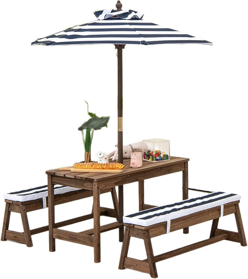 Kids Wooden Picnic Table Bench Set w/ Cushions & Foldable Umbrella Outdoor Blue