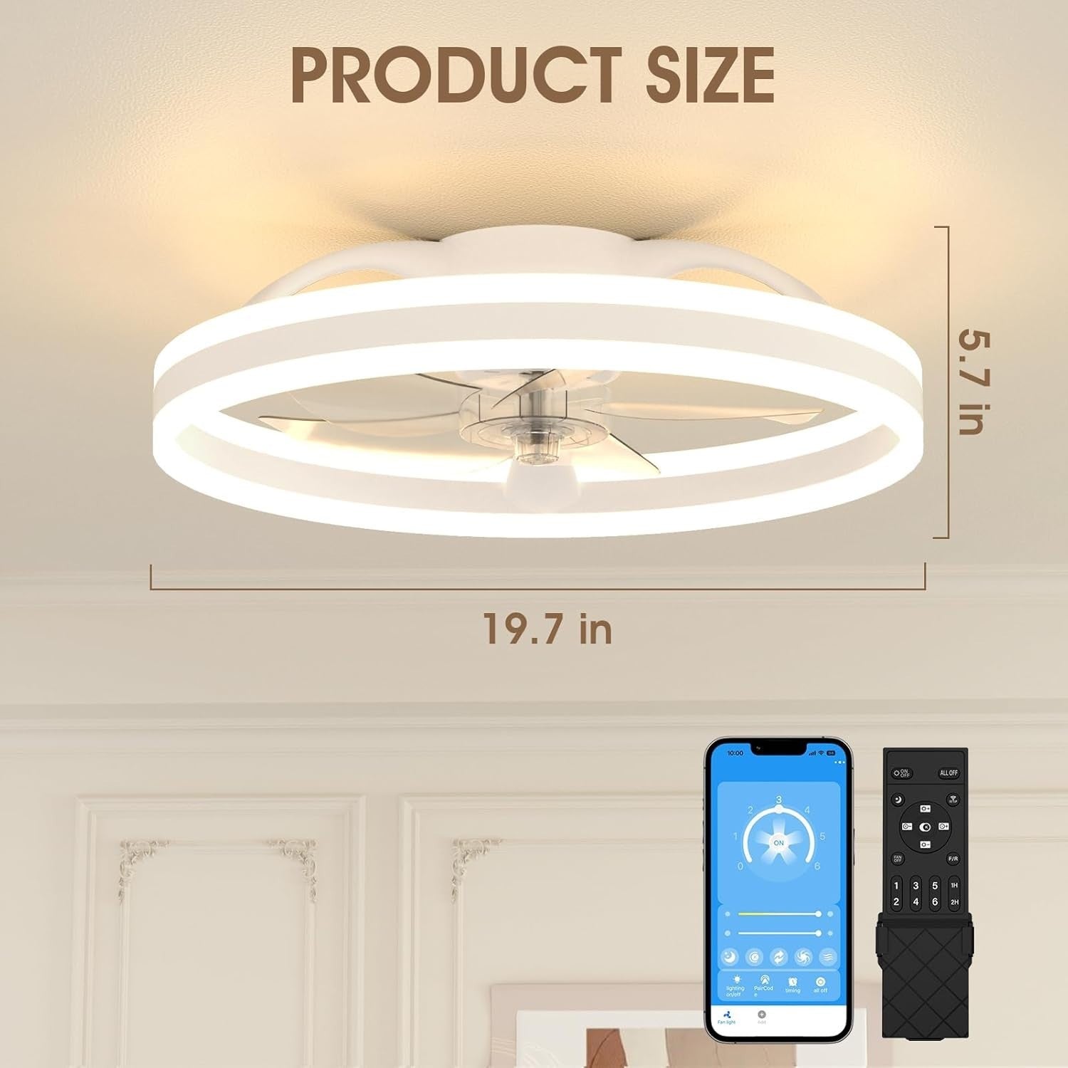 50cm LED Ceiling Fan Light with Remote, 6 Speeds, Quiet, Dimmable, Modern