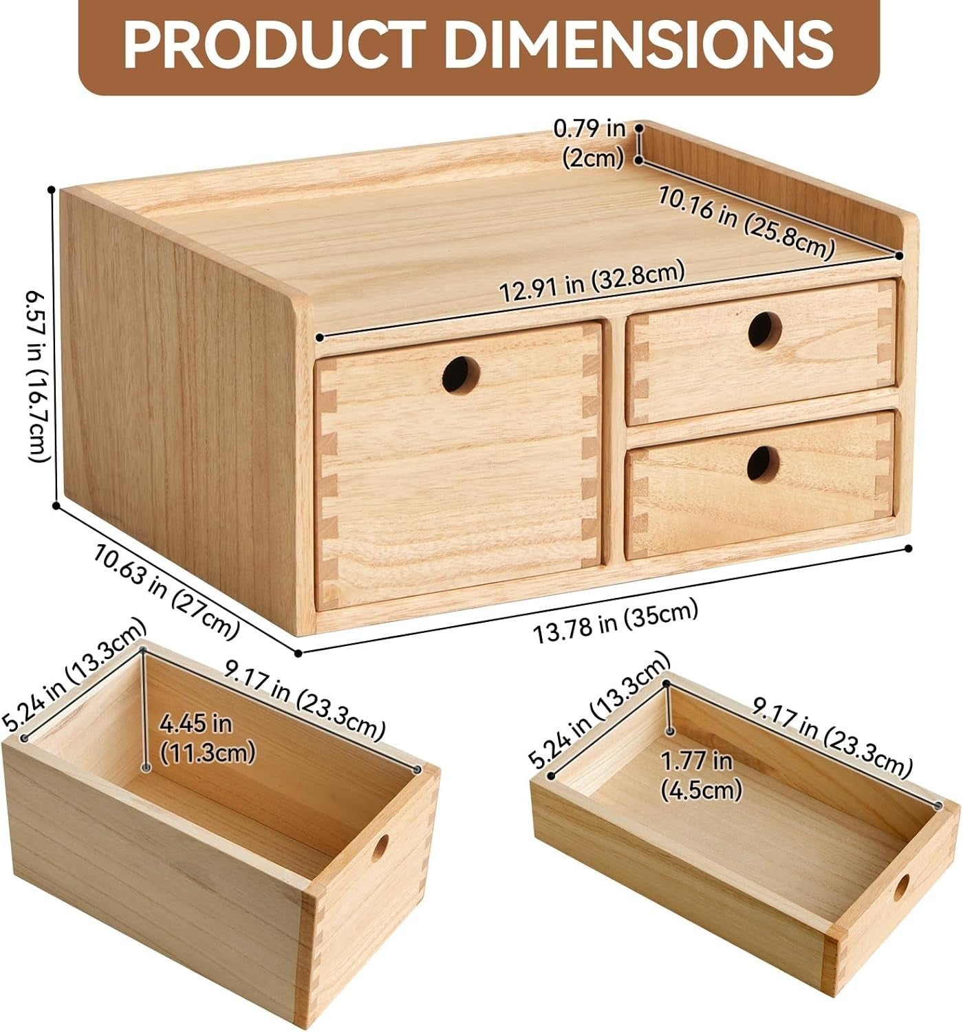 Wood Desktop Organizer with 3 Drawers & Shelf – Office, Home Storage Box