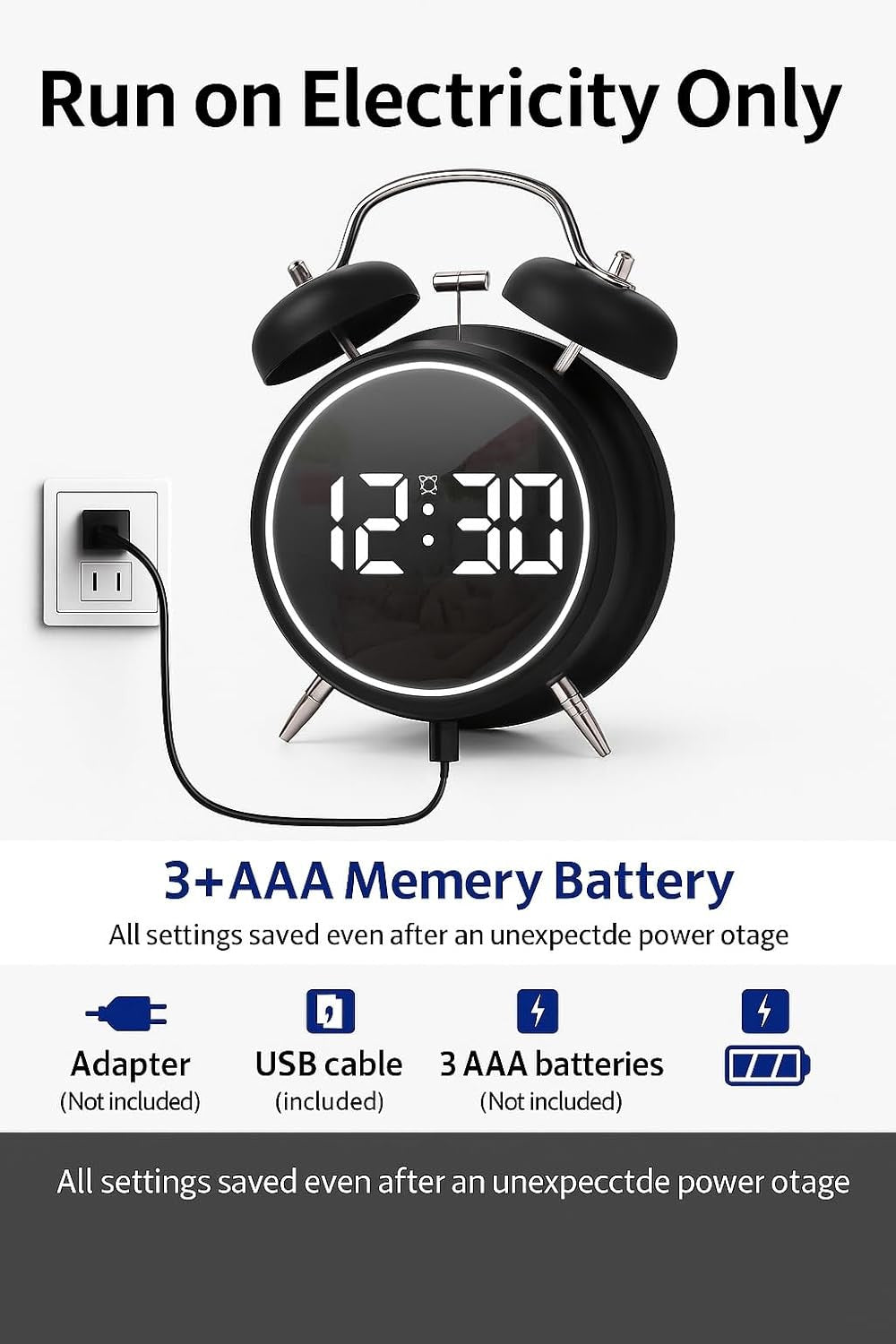 Digital Twin Bell Alarm Clock Loud Wake Up LED Night Light Heavy Sleepers