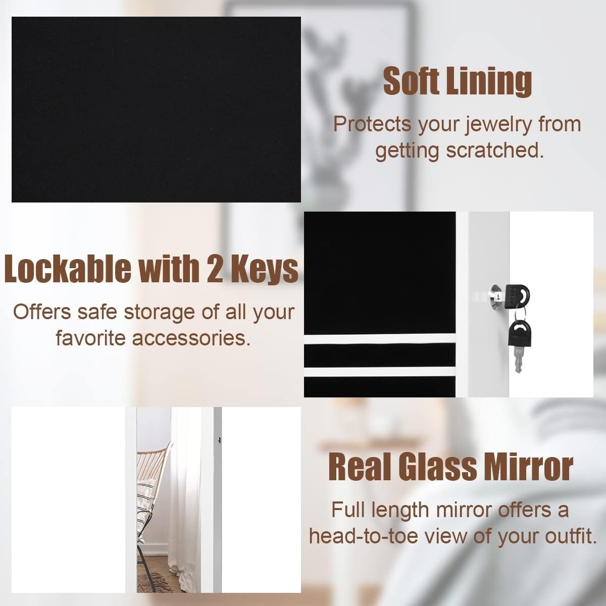 White LED Jewellery Cabinet Wall or Door Mounted Full Length Mirror