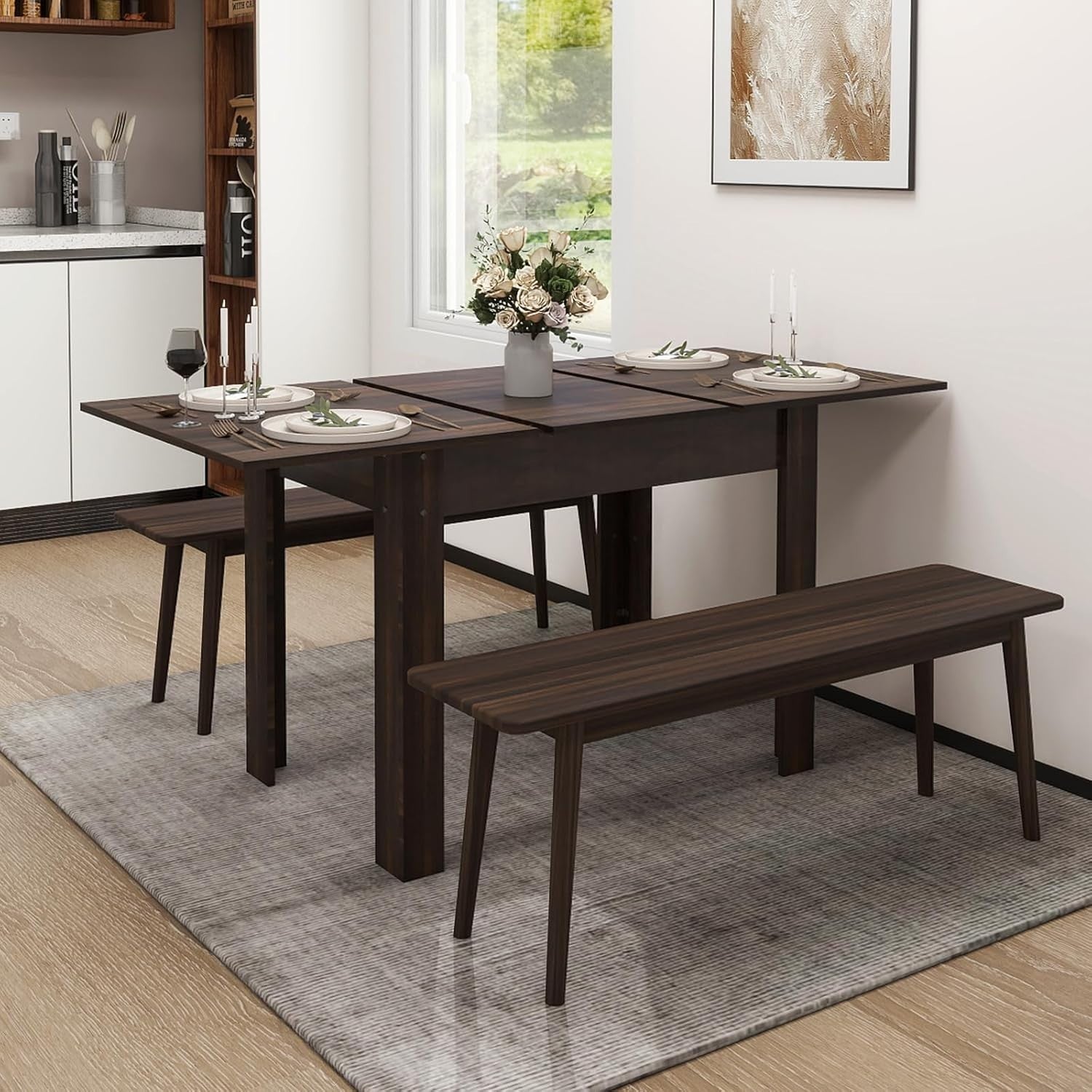 Extendable Dining Table 6-8 Seater Brown Wood Kitchen Home Solid Legs