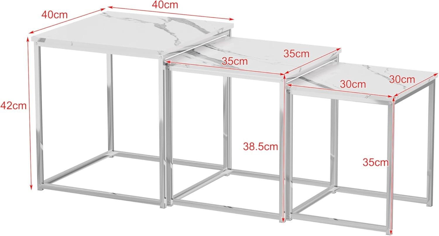 3 White Marble Nesting Tables Set Coffee End Side Table Square Space Saving