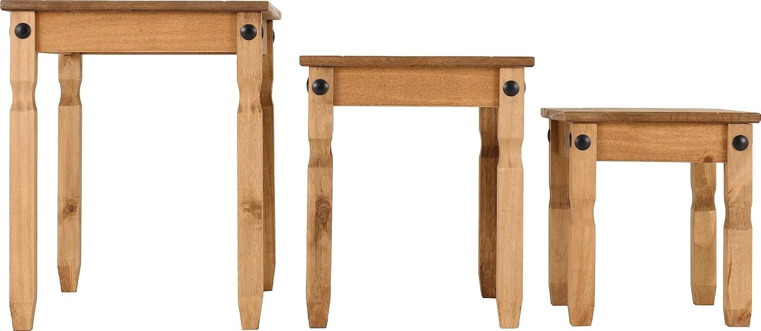 Set of 3 Distressed Pine End Tables Wood Nesting Side Living Room Furniture