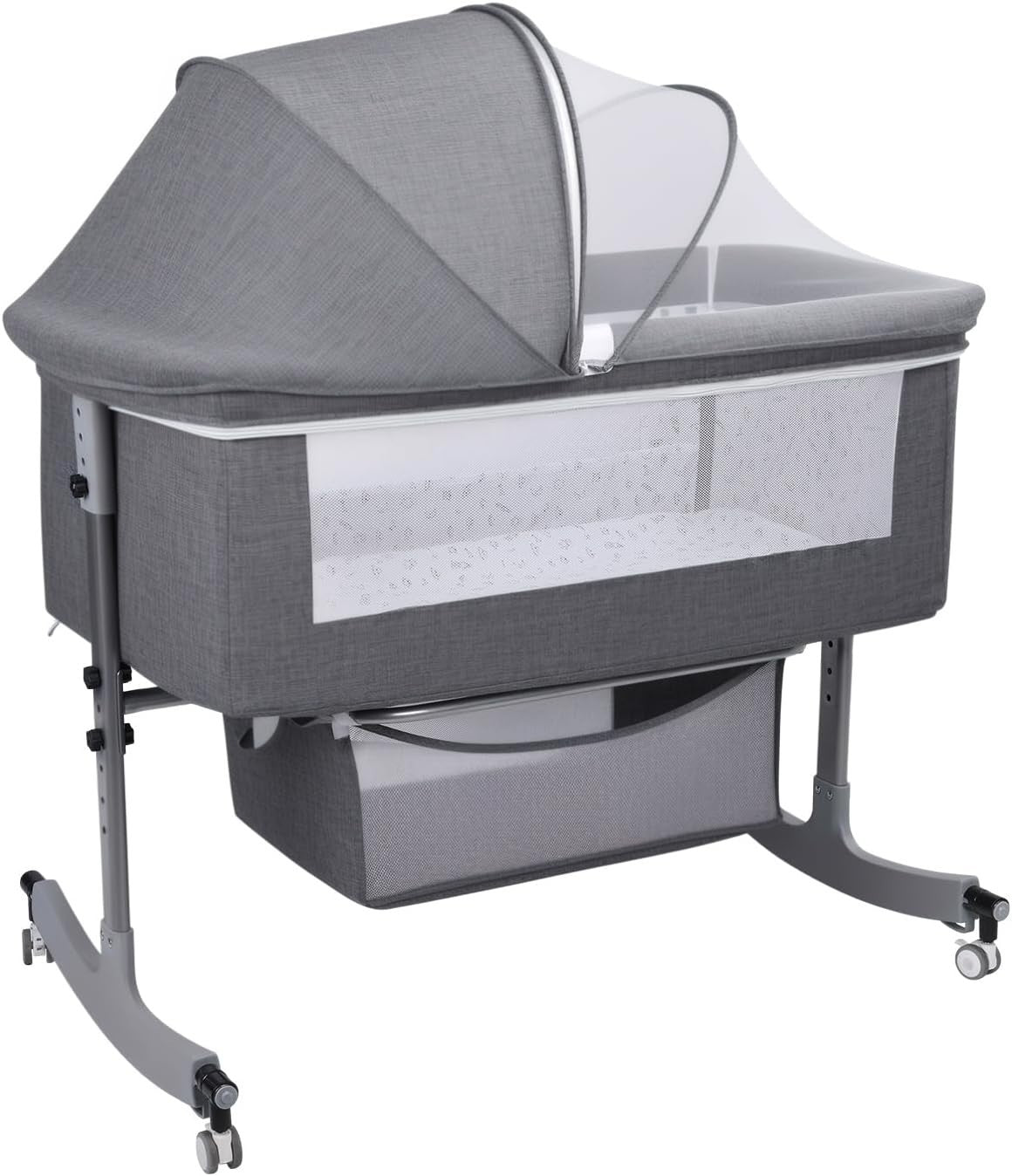Rocking Bedside Crib with Mosquito Net Wheels Adjustable Height & Storage 1 Set