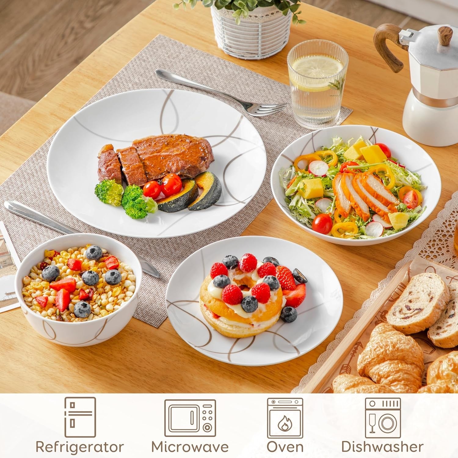 24 Piece Porcelain Dinner Set Plates Bowls Modern Line Design Dishwasher Safe