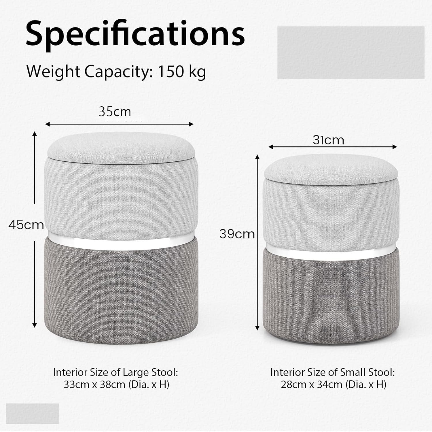 Beige & Grey Nesting Linen Storage Ottomans Set of 2 Round Footstools