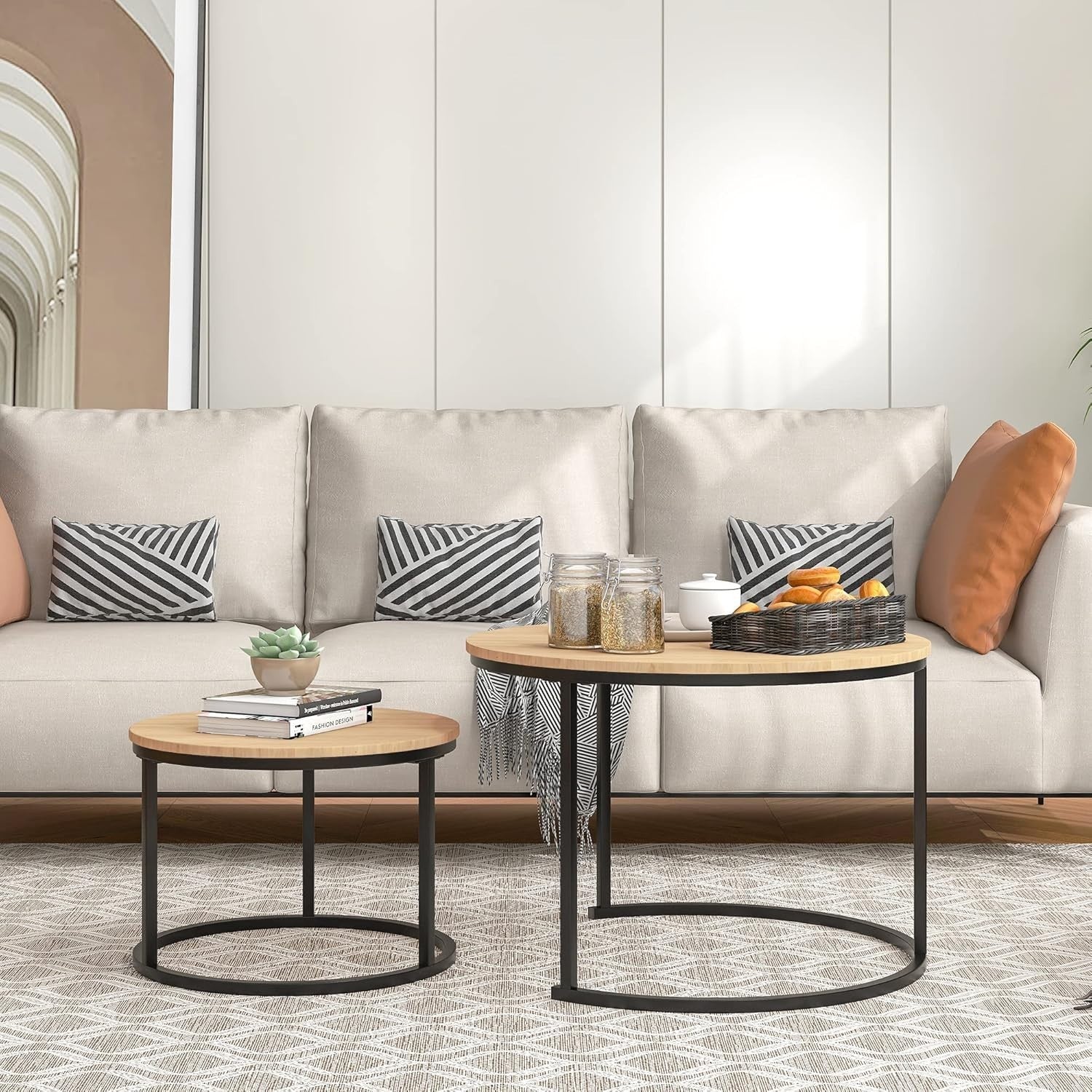 Round Nesting Coffee Table Set of 2, Black & Oak Metal Frame 70/50cm