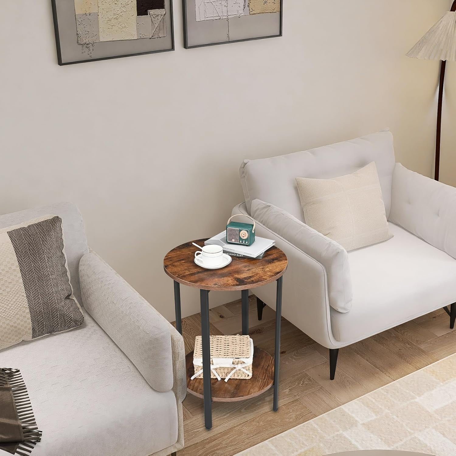 2-Tier Round Side Table with Storage, Rustic Brown Metal Frame End Table