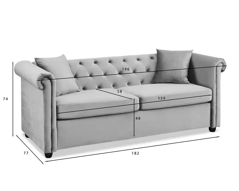 Grey Velvet 3 Seater Sofa Chesterfield Style Scroll Arms Tufted Back Couch