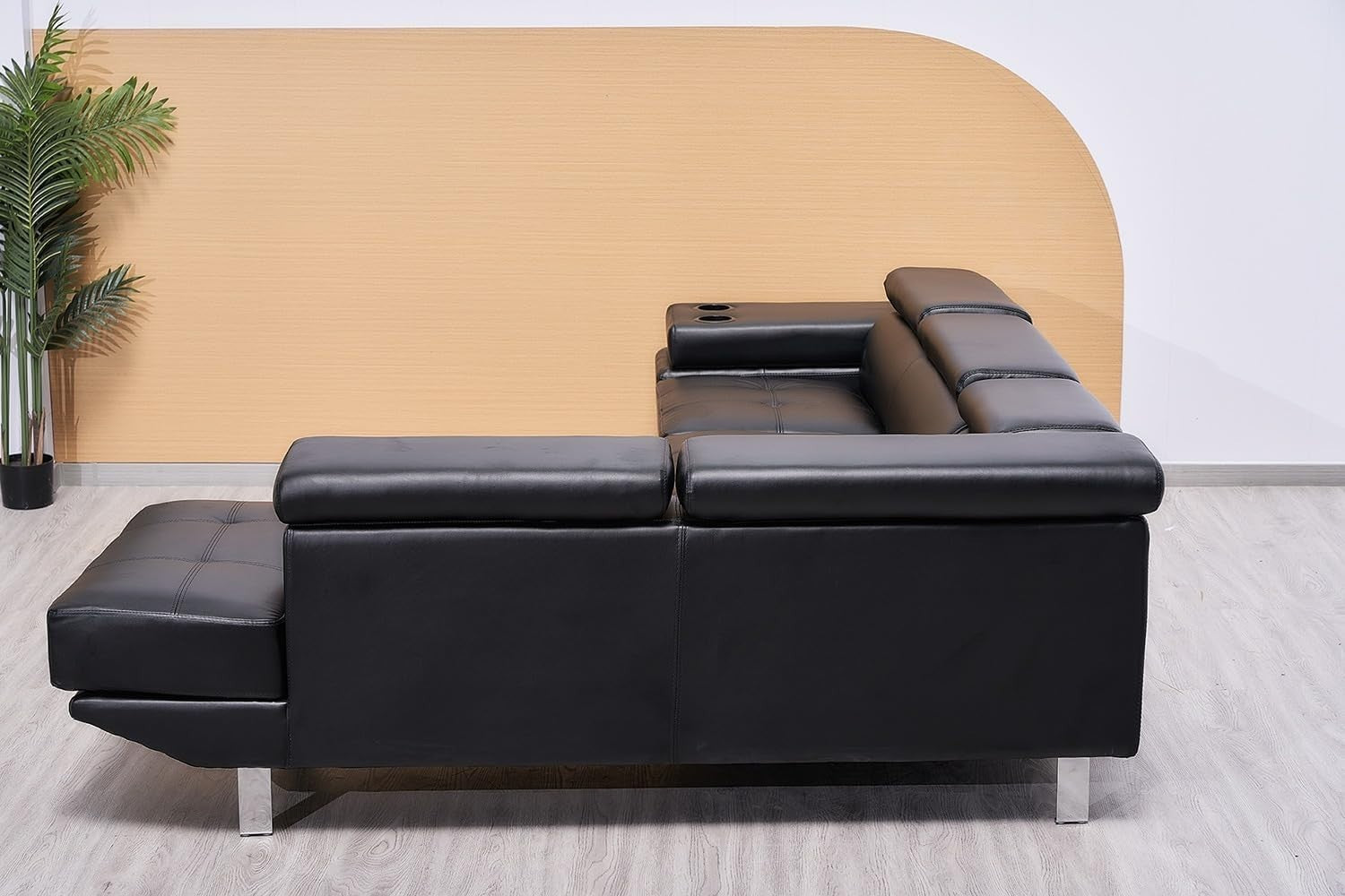 Black Bonded Leather L-Shape Corner Sofa with Adjustable Headrests & Cup Holders