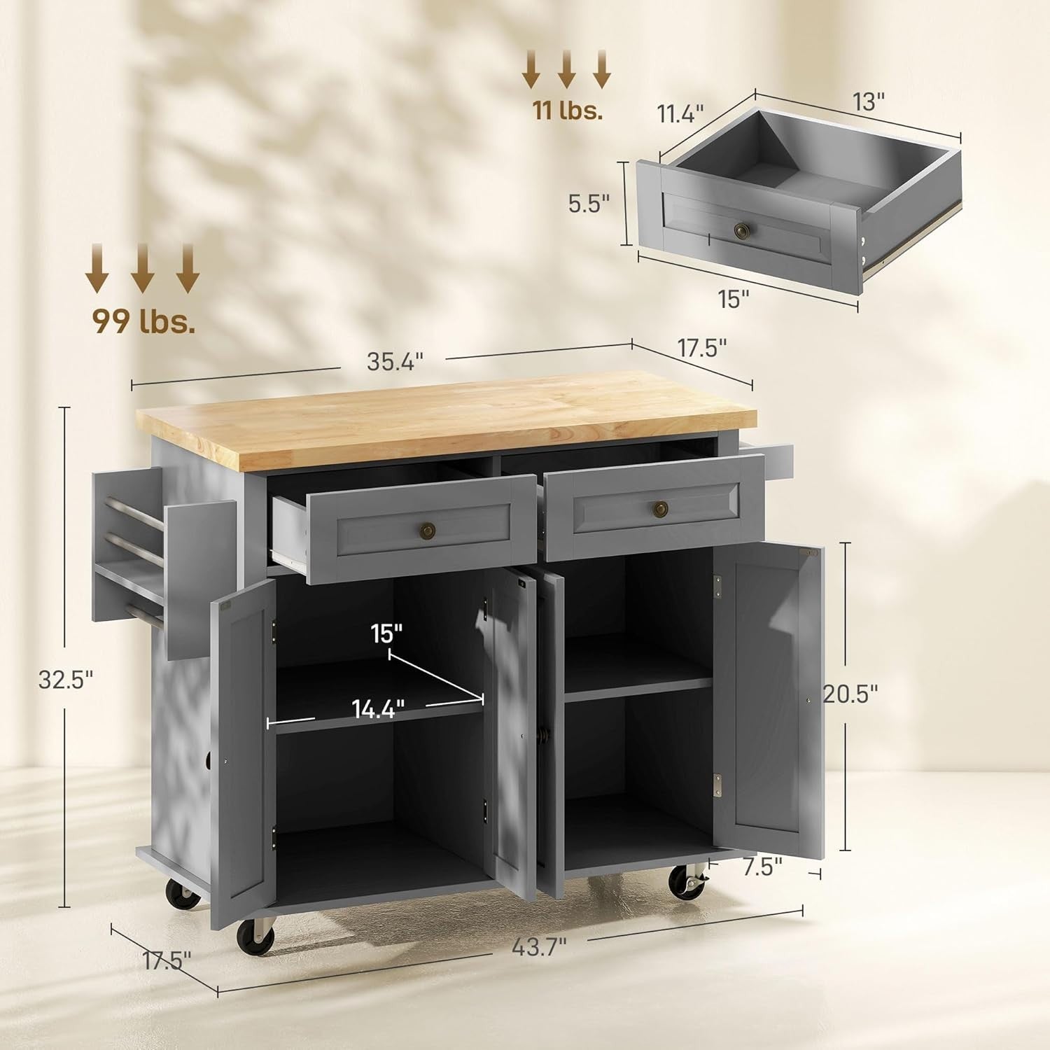 Rolling Kitchen Island Trolley with Drawers,Shelves & Rubber Wood Top 111x44.5cm