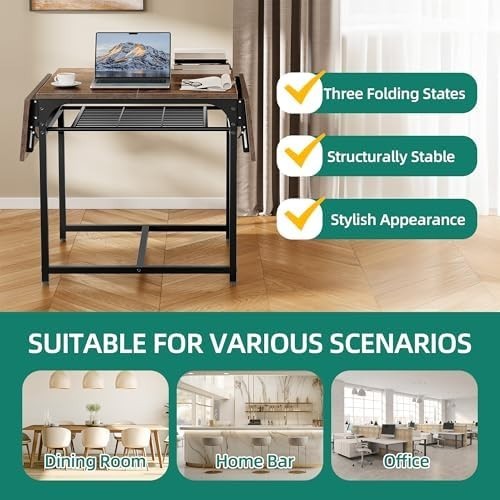 Rustic Brown Folding Dining Table Drop Leaf with Storage 120cm