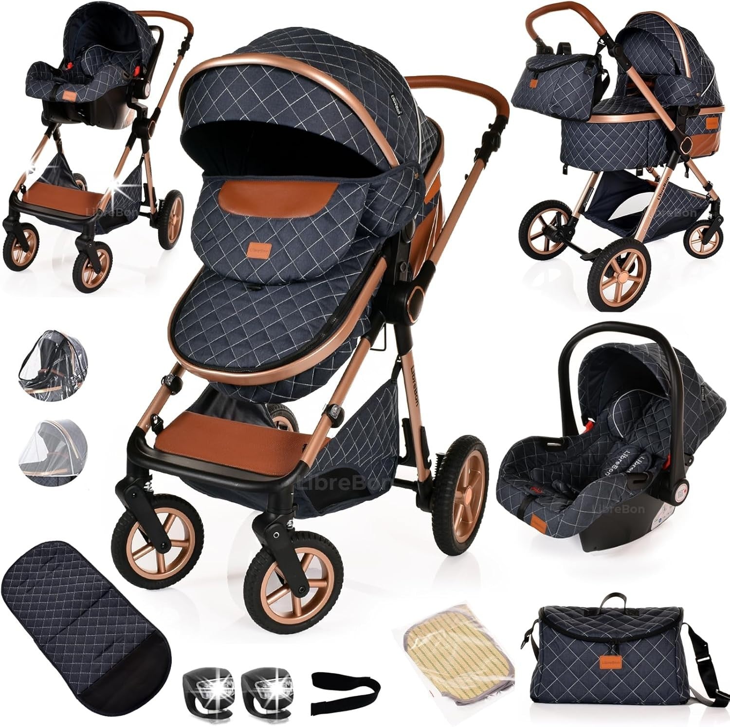 3 in 1 Baby Pram Pushchair Lightweight Folding Stroller Birth to 36m Blue