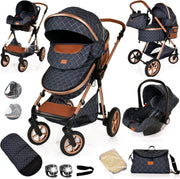 3 in 1 Baby Pram Pushchair Lightweight Folding Stroller Birth to 36m Blue