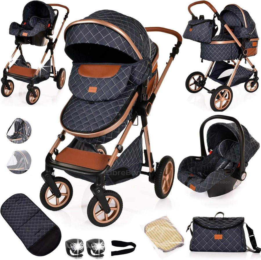 3 in 1 Baby Pram Pushchair Lightweight Folding Stroller Birth to 36m Blue