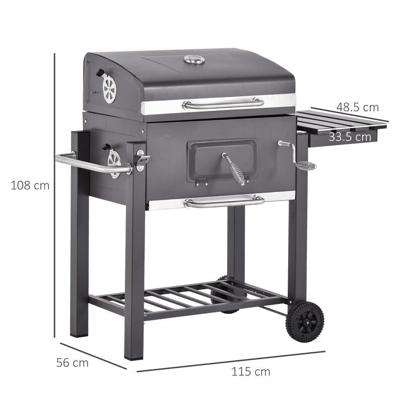 Charcoal BBQ Smoker Grill Trolley w/ Shelf, Lid, Thermometer, Hooks, Wheels