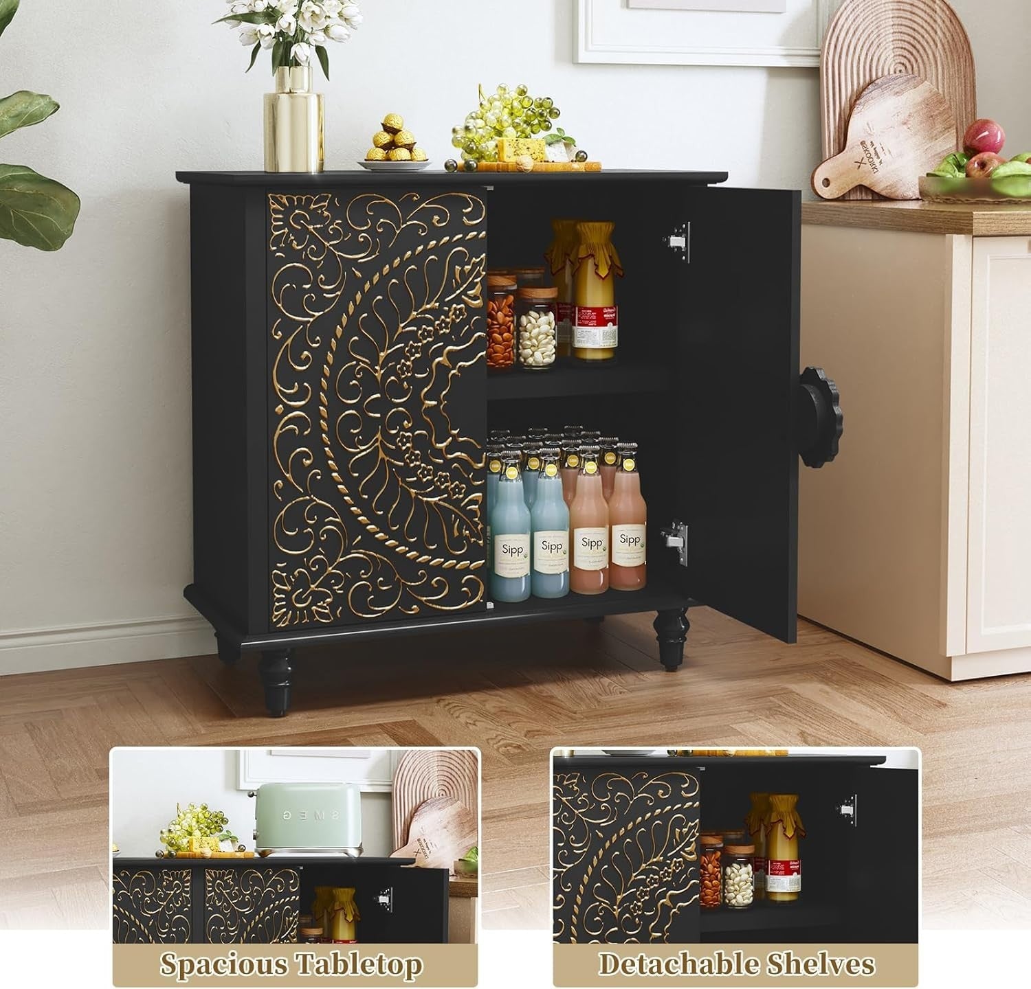 Black Carved Wood Sideboard Cabinet 2 Door Boho Vintage Storage Unit