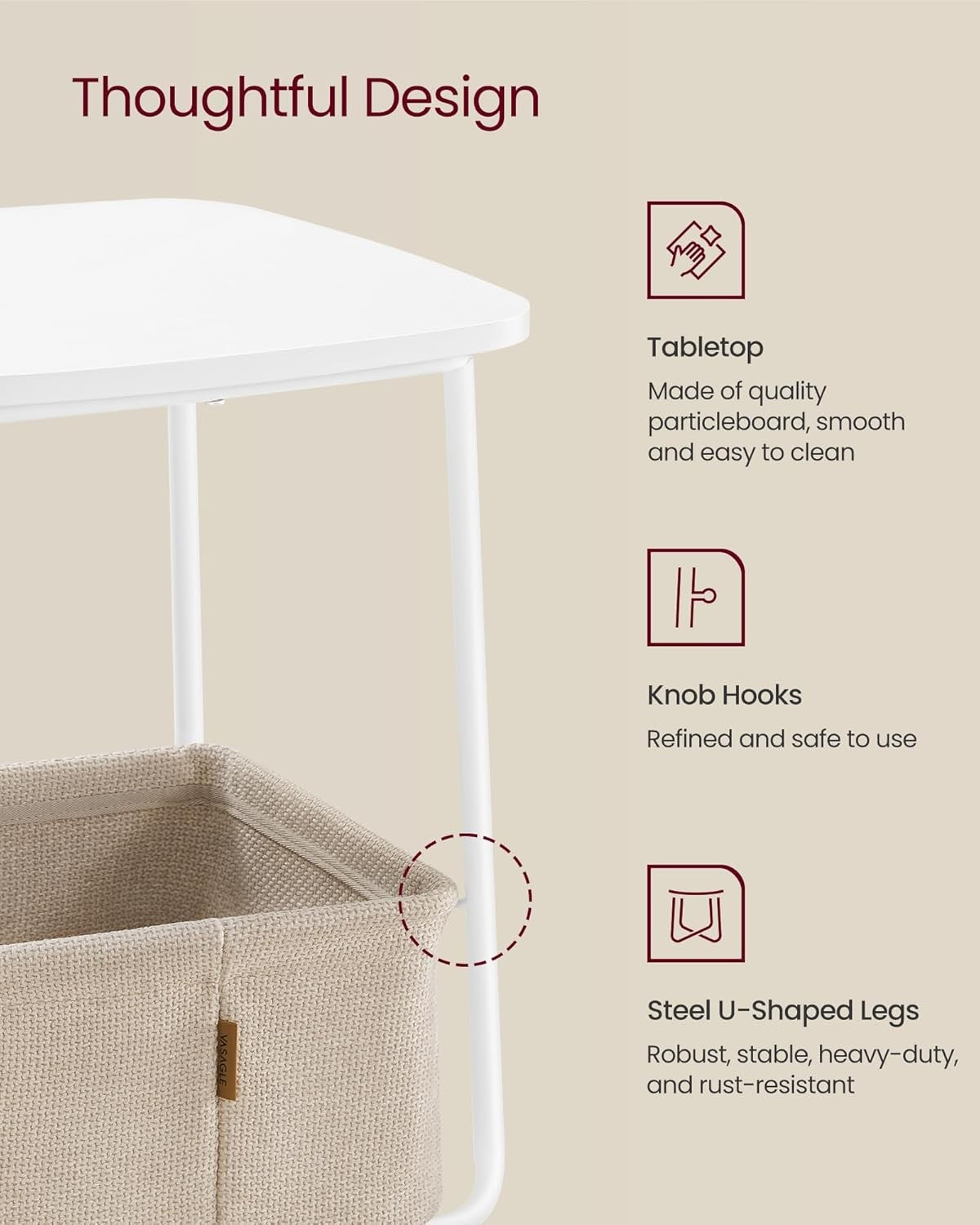 Modern White Bedside Table with Fabric Storage Basket, Small Side Table
