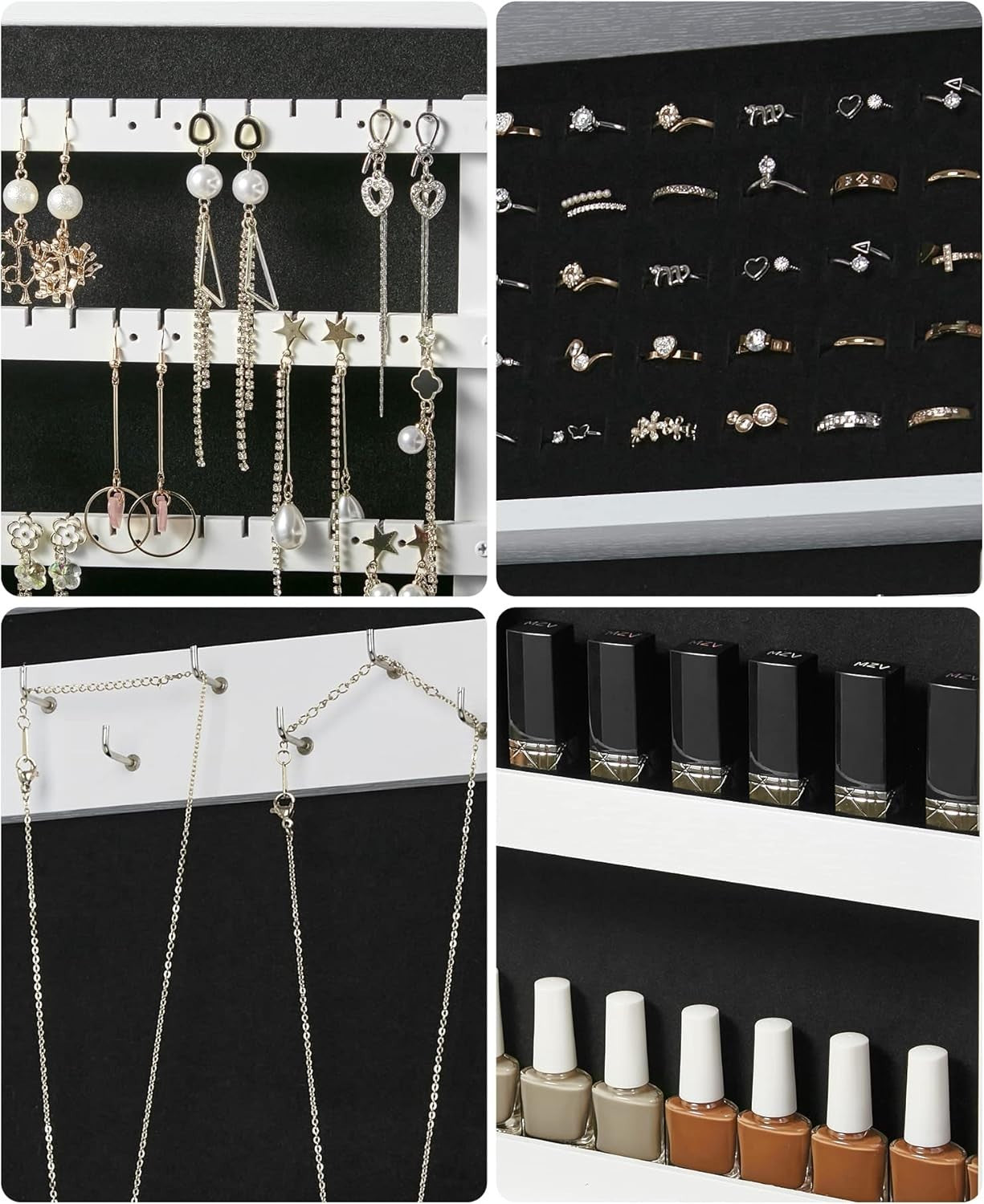 White & Black Mirrored Lockable Wall Mounted Jewelry Cabinet Organizer