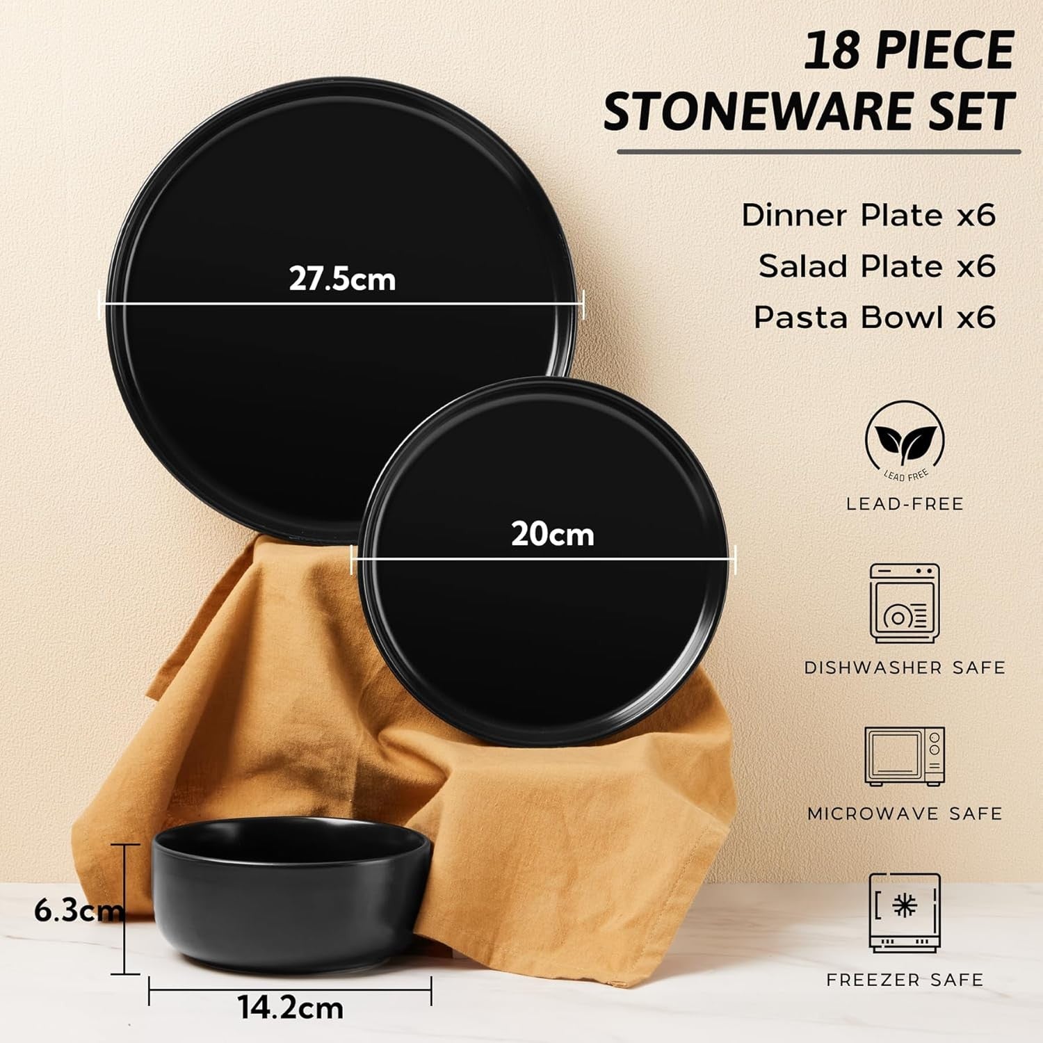 18pc Stoneware Dinner Set Matte Black Plates Bowls Microwave Safe