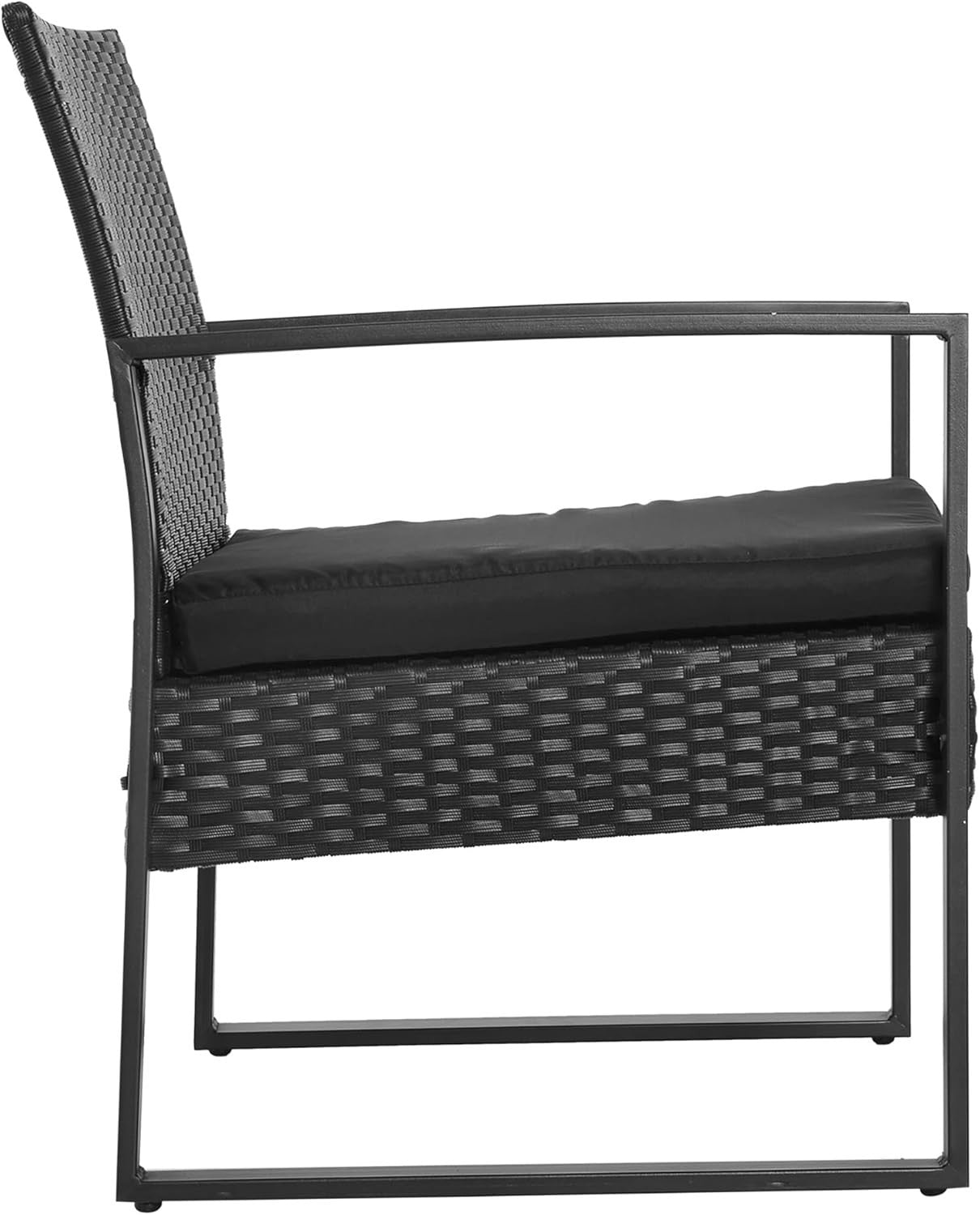 Black Rattan Patio Bistro Set 3PC Cushioned Chairs Glass Coffee Table