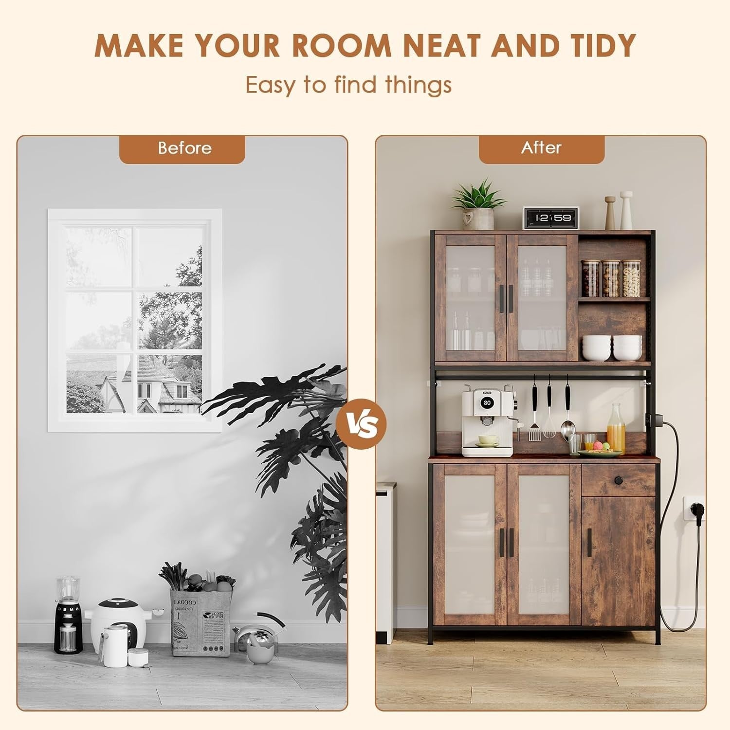 Rustic Brown & Black Tall Kitchen Pantry Cupboard 5 Doors 1 Drawer