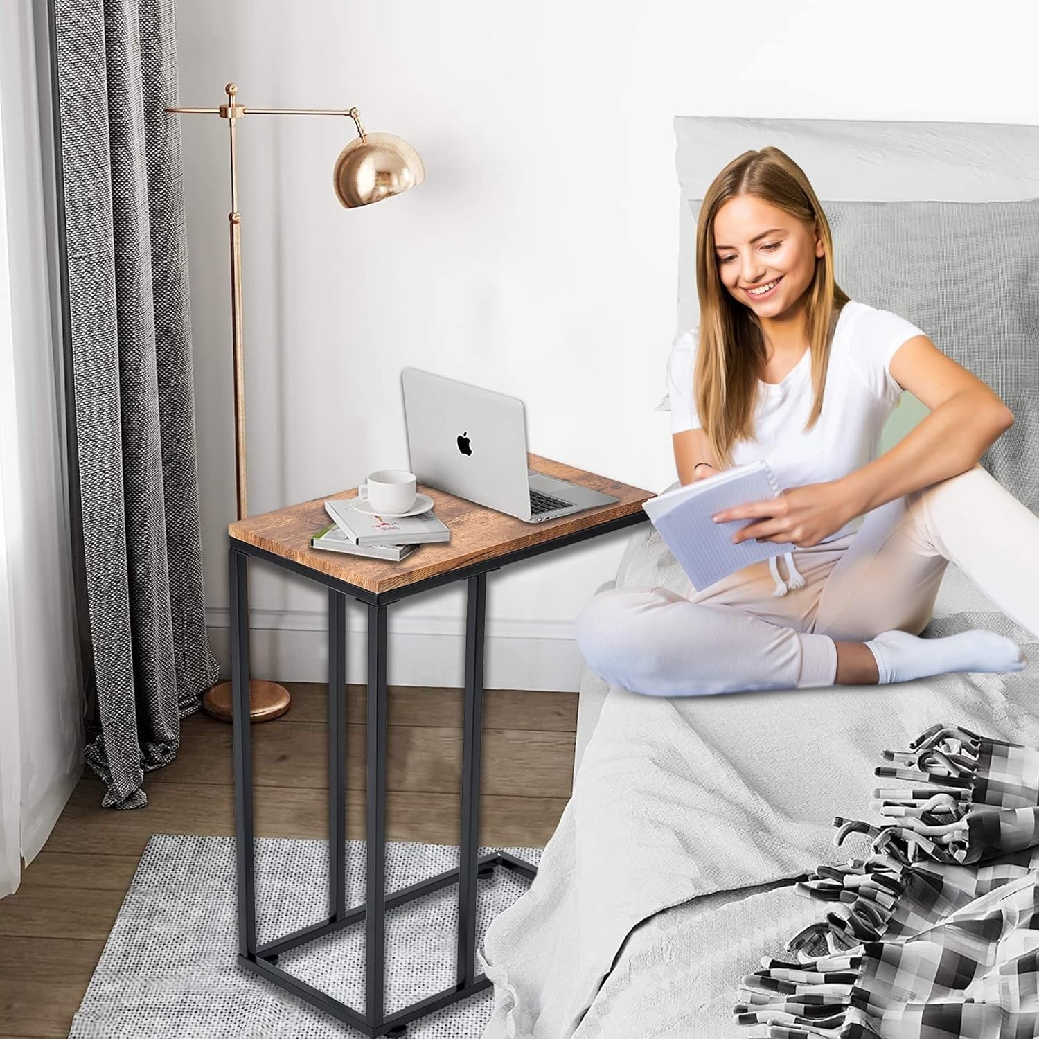 Rustic Wood C Shaped Side Table | Sofa Bed Laptop Snack Coffee Stand