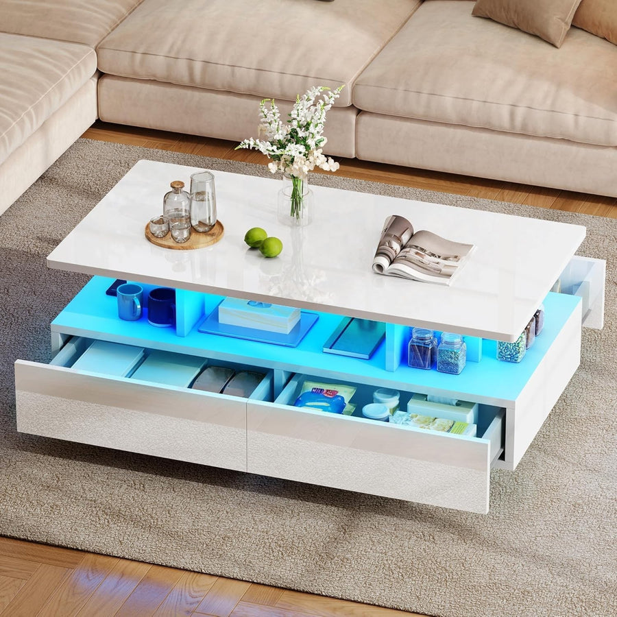 Modern High Gloss Coffee Table with 4 Drawers & 16-Color LED Lights, 90cm