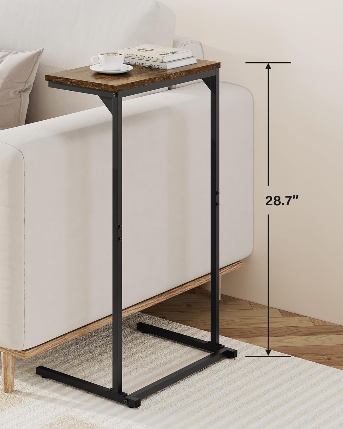 Space-Saving C-Shaped Side Table, Tall Slim Couch Table with Adjustable Feet