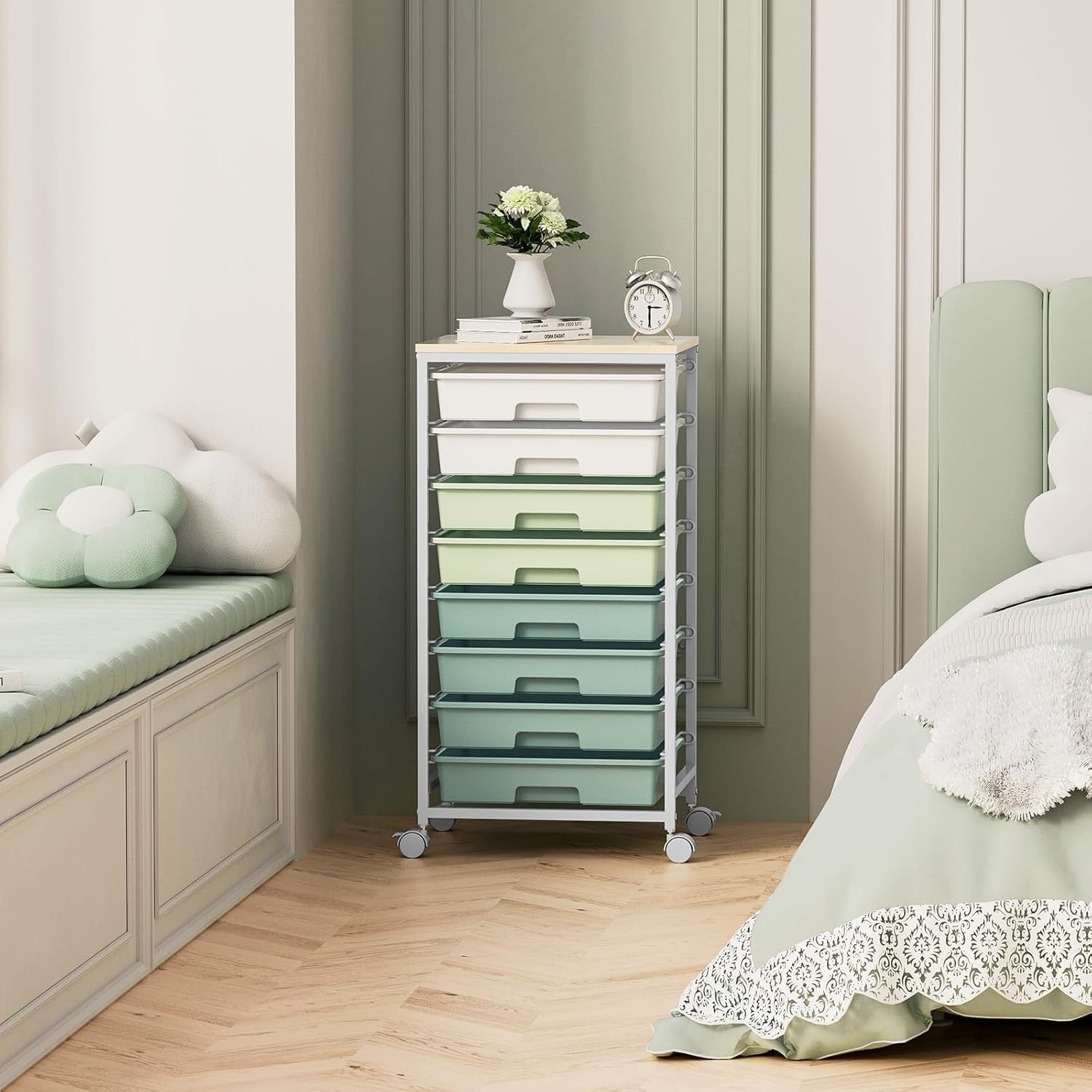 8 Drawer Rolling Storage Cart Utility Organizer Trolley Wheels Green