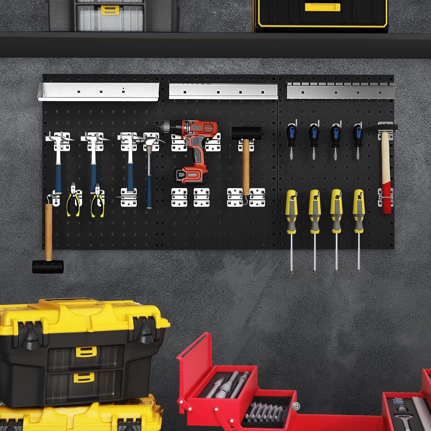 Wall-Mounted Tool Rack Organizer 3 Pegboards + 28 Hooks Black Red
