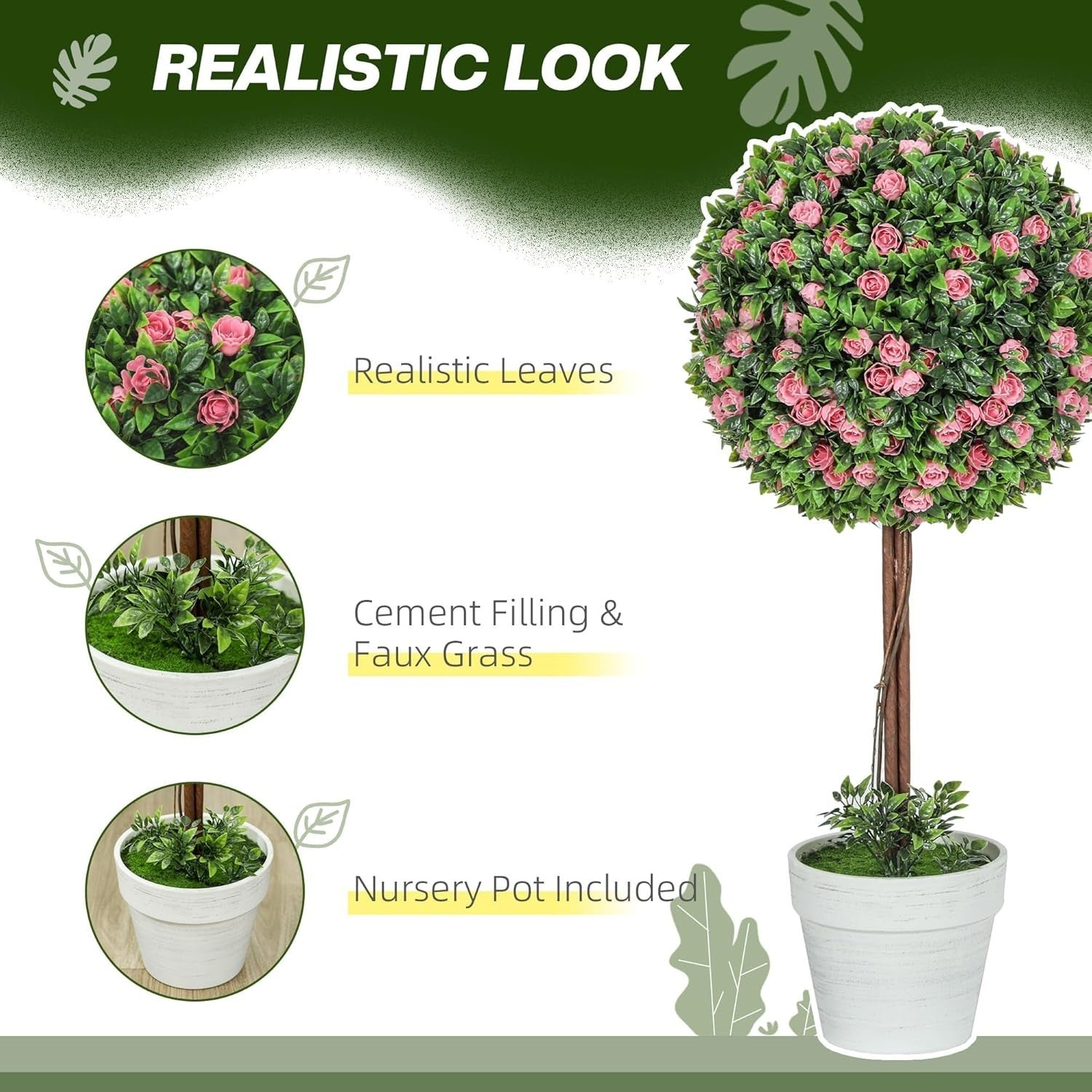 60cm Pink Rose Ball Topiary Trees Set of 2 in White Pot Floral Home Garden Decor