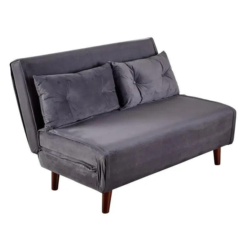 Grey Velvet Double Sofa Bed Chair with Pillows Folding Guest Sleeper