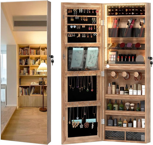 LED Full Length Jewelry Mirror Organizer Lockable Storage Armoire