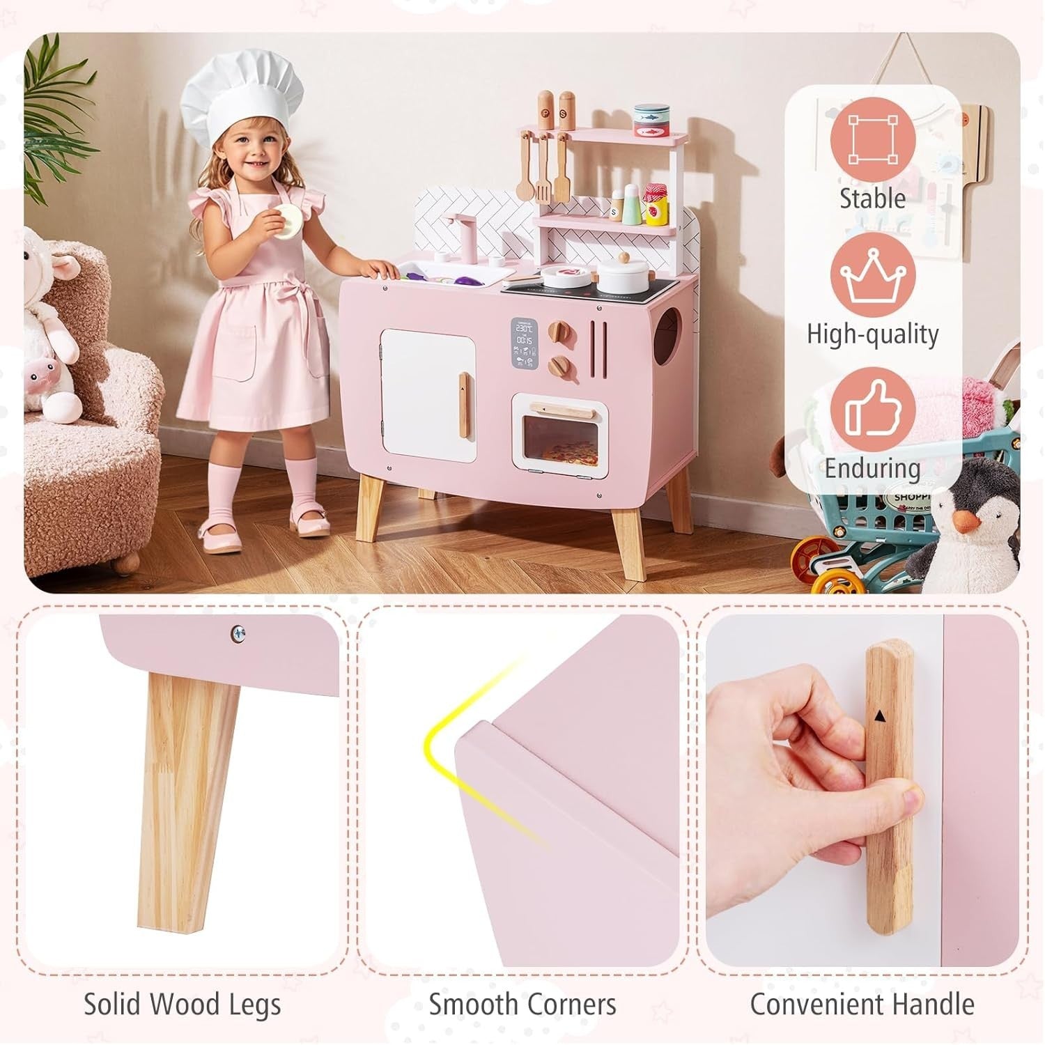 Kids Wooden Play Kitchen Pink w/ Oven Sink Stove Accessories