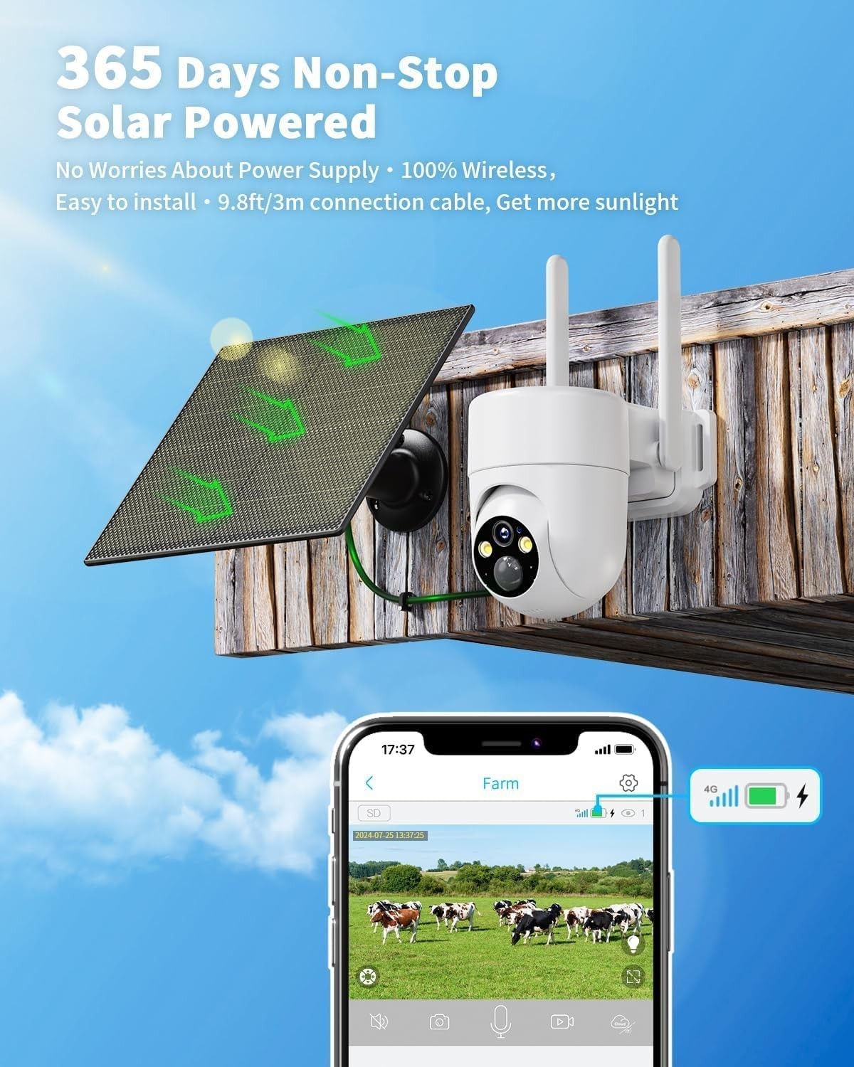 4G LTE Solar Security Camera 2K PTZ SIM Card CCTV No WiFi