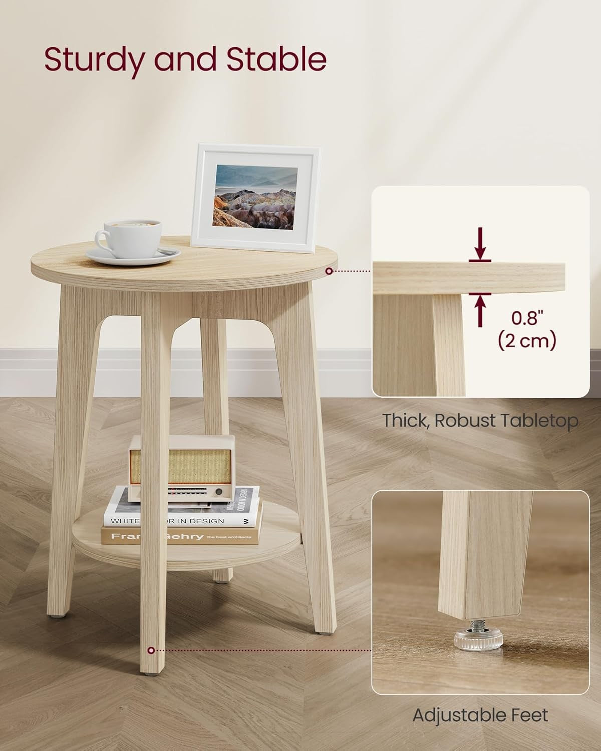 Small Round Side Table with Lower Shelf, Natural Wood Look, Space-Saving End
