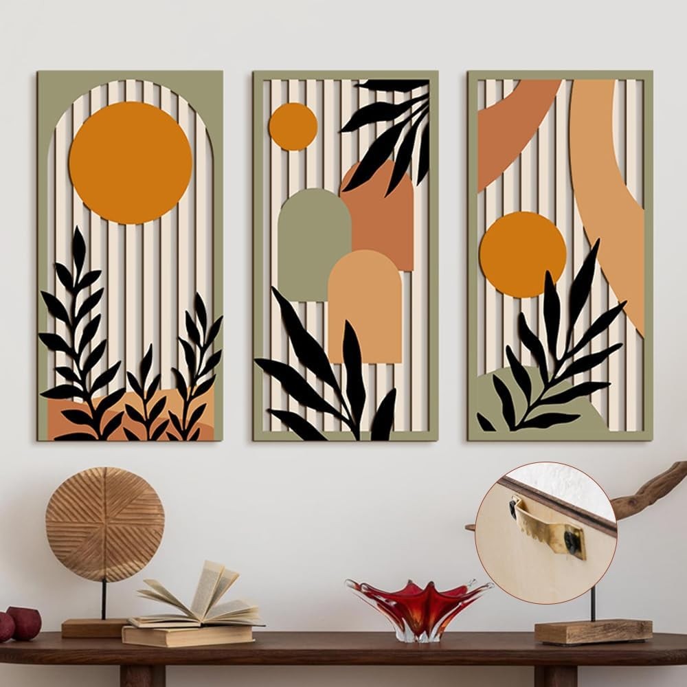 KiKiHong 3-Piece Wooden Abstract Botanical Wall Art for Living Room