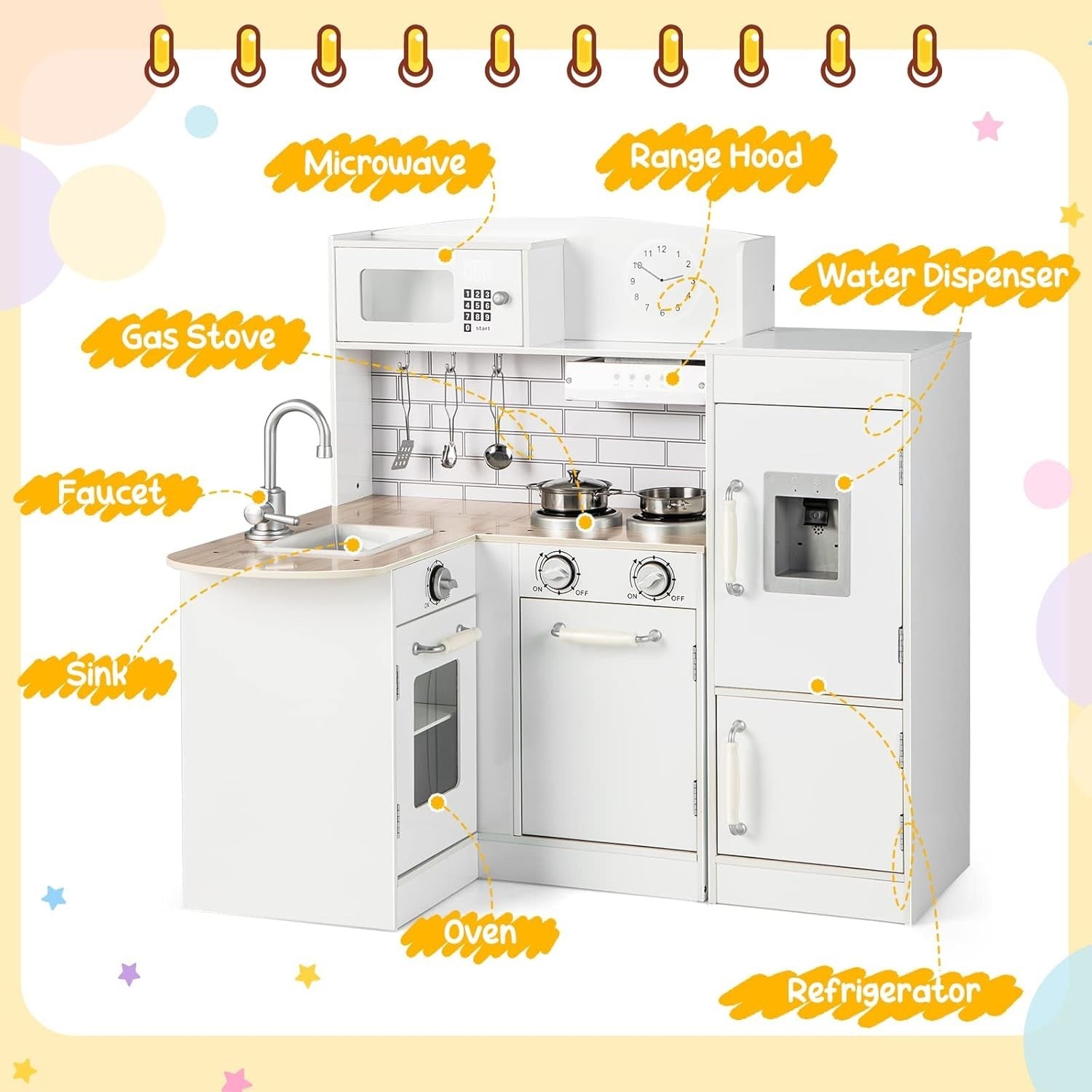 Corner Kids Play Kitchen w/ Fridge Microwave Sink Water Dispenser